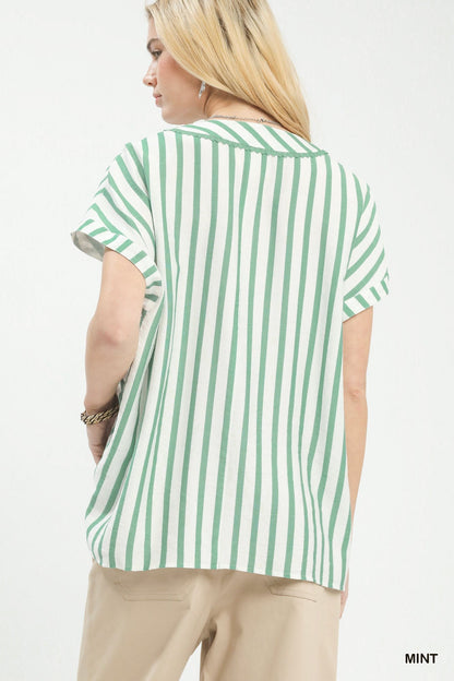 Umgee Mixed Stripe Split Neck Oversized Blouse - Bitsy Gypsy Boutique
