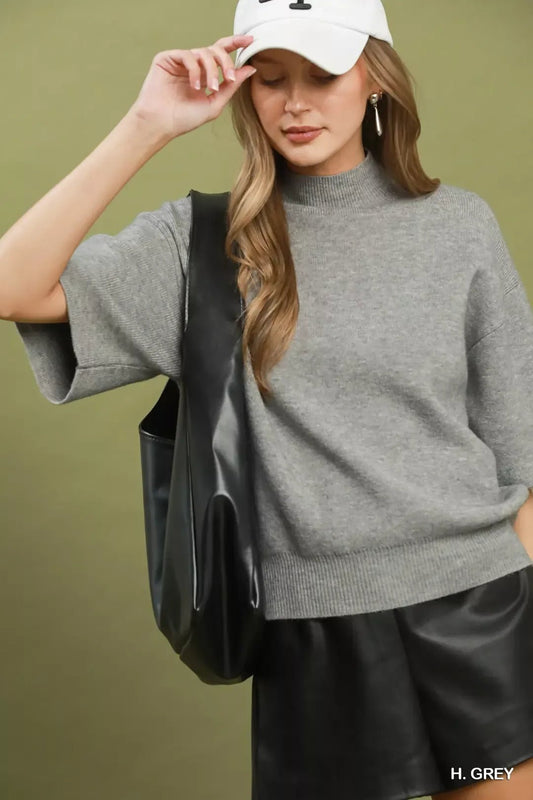 Umgee Mock Neck Short Sleeve Knit Sweater Top - Bitsy Gypsy Boutique