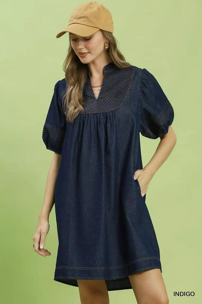 Umgee Notched Puff Sleeve Mini Dress with Pockets - Bitsy Gypsy Boutique