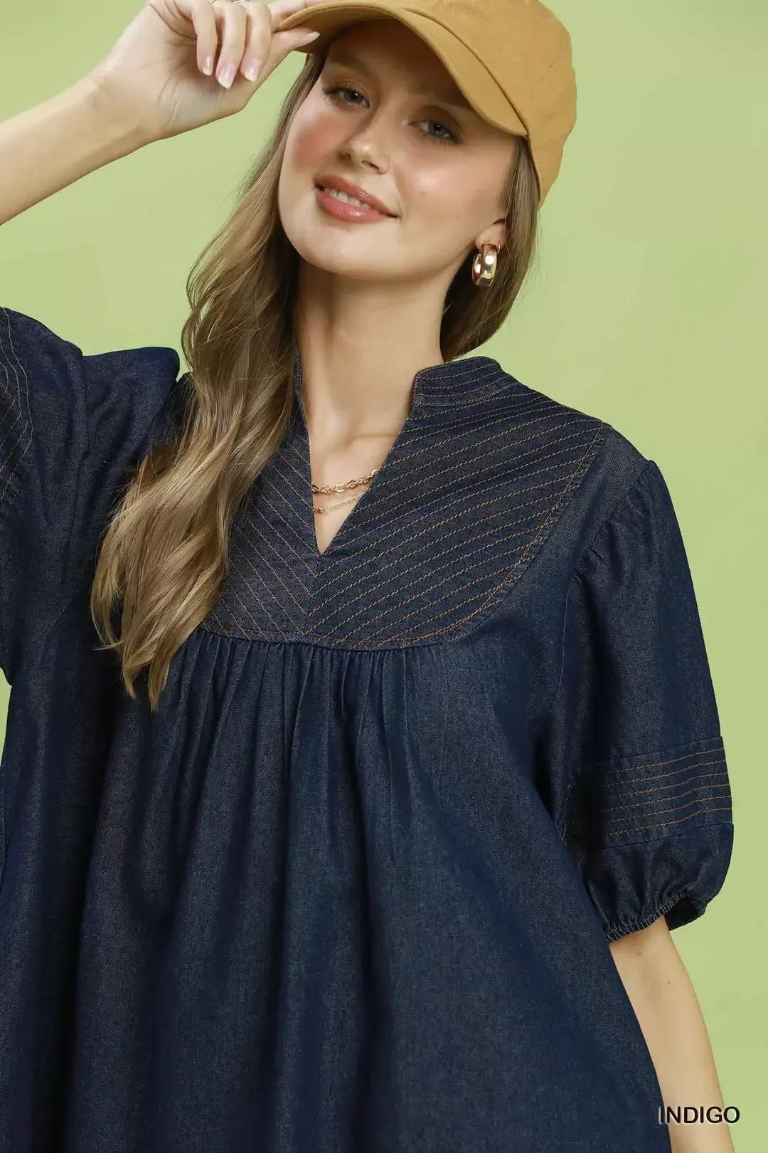 Umgee Notched Puff Sleeve Mini Dress with Pockets - Bitsy Gypsy Boutique