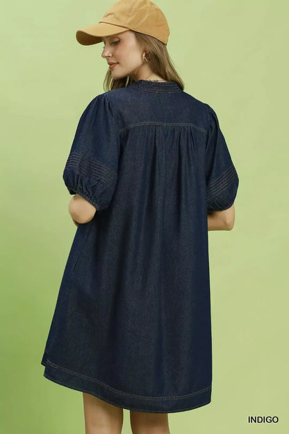 Umgee Notched Puff Sleeve Mini Dress with Pockets - Bitsy Gypsy Boutique