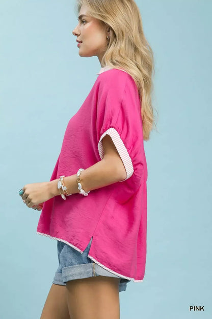 Umgee Oversized Contrast Stripe Trim Top - Bitsy Gypsy Boutique