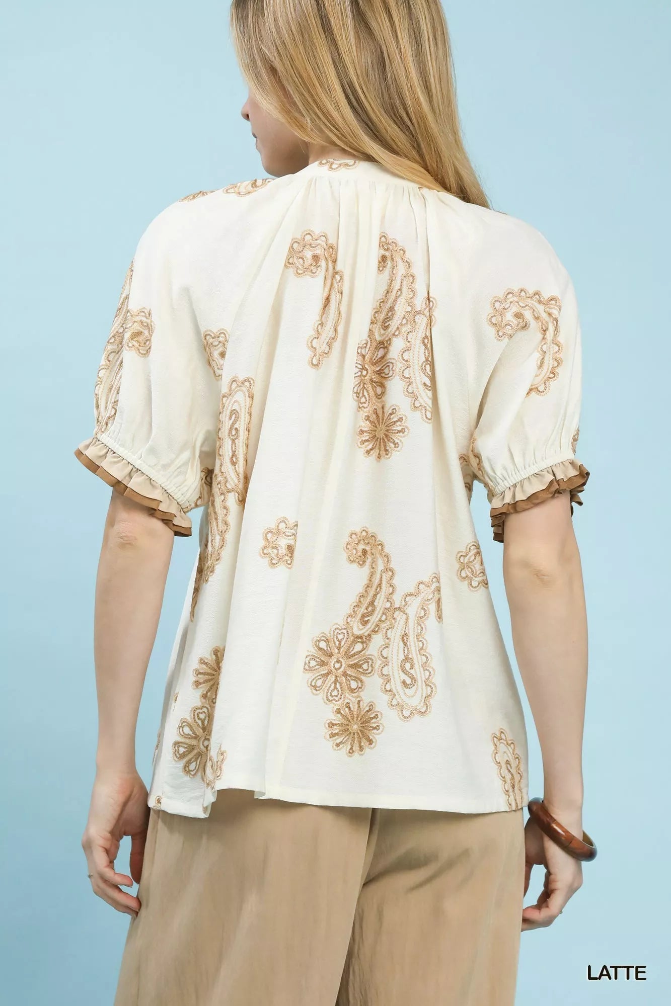 Umgee Paisley Embroidered Short Puff Sleeve Top - Bitsy Gypsy Boutique