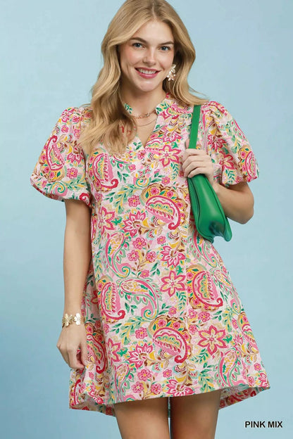 Umgee Paisley Floral Puff Sleeve Shift Dress - Bitsy Gypsy Boutique