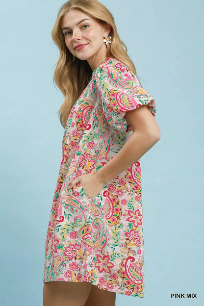 Umgee Paisley Floral Puff Sleeve Shift Dress - Bitsy Gypsy Boutique