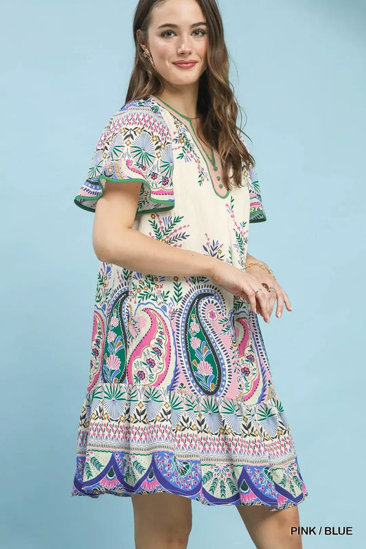 Umgee Paisley Flutter Sleeve Mini Dress - Bitsy Gypsy Boutique