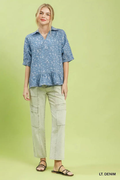 Umgee Paisley Print Chambray Top - Bitsy Gypsy Boutique
