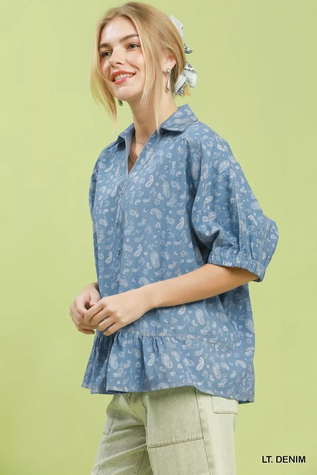 Umgee Paisley Print Chambray Top - Bitsy Gypsy Boutique