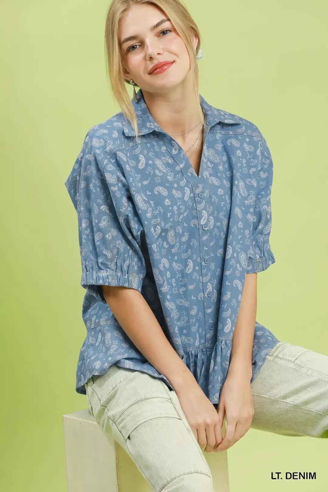Umgee Paisley Print Chambray Top - Bitsy Gypsy Boutique