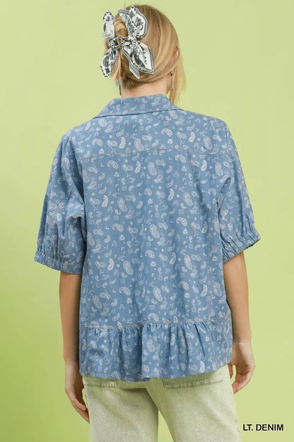 Umgee Paisley Print Chambray Top - Bitsy Gypsy Boutique