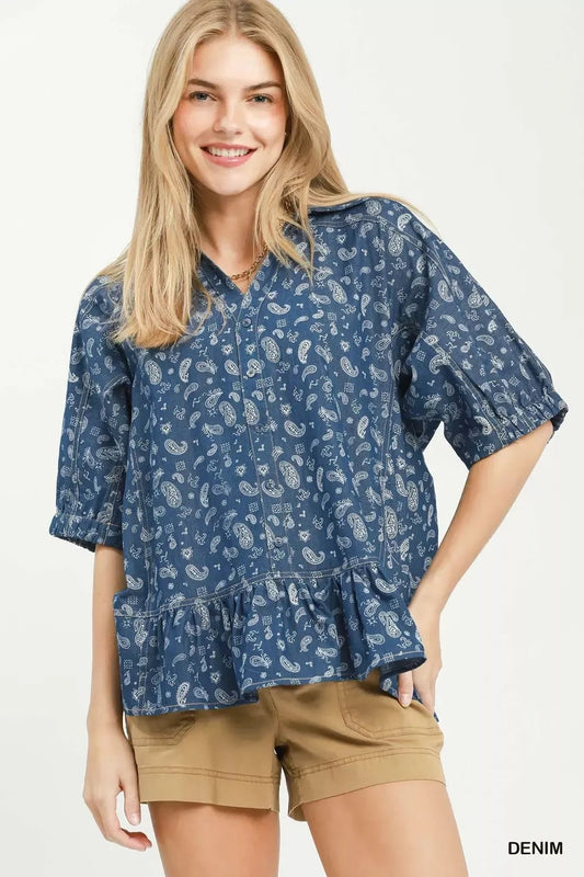 Umgee Paisley Print Chambray Top - Bitsy Gypsy Boutique