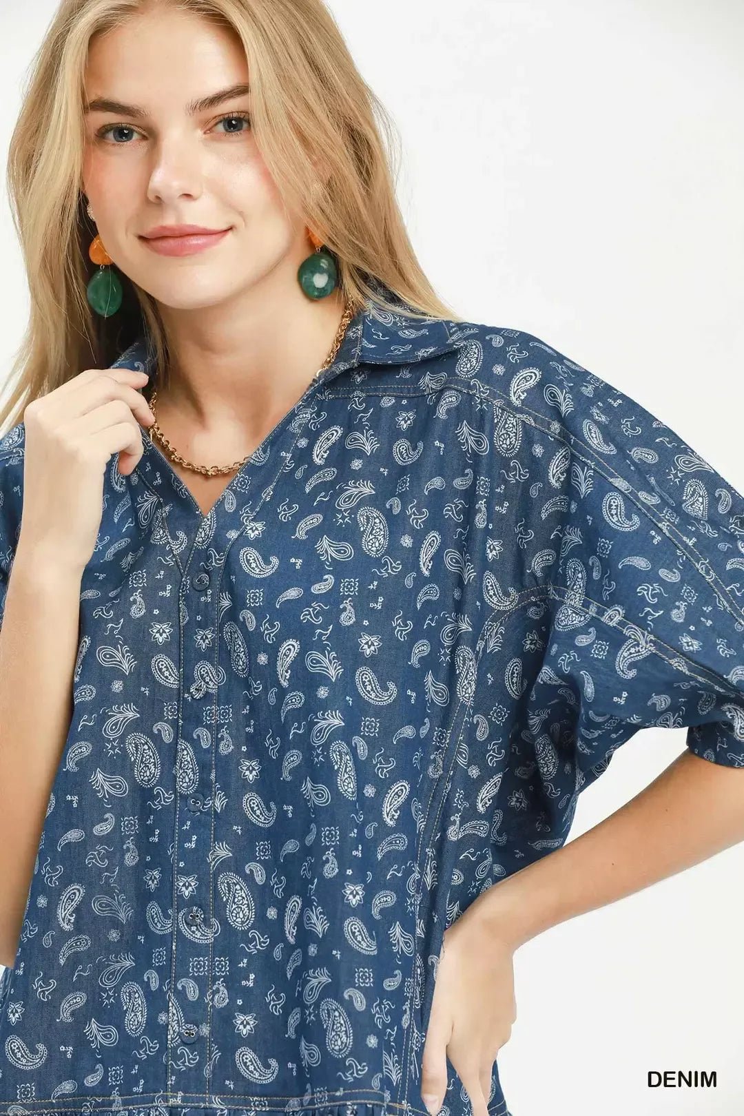 Umgee Paisley Print Chambray Top - Bitsy Gypsy Boutique