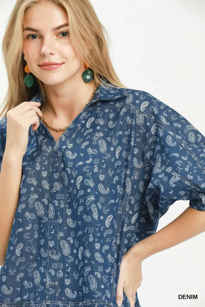 Umgee Paisley Print Chambray Top - Bitsy Gypsy Boutique