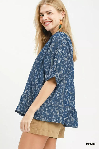 Umgee Paisley Print Chambray Top - Bitsy Gypsy Boutique