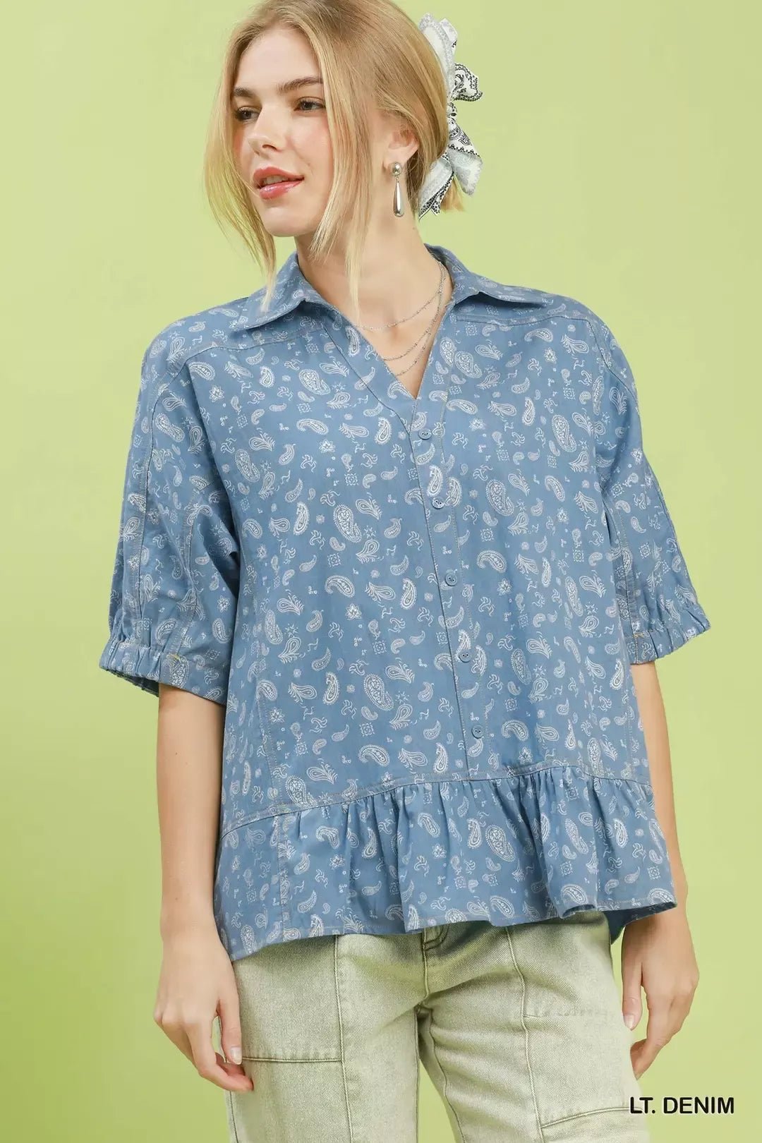 Umgee Paisley Print Chambray Top - Bitsy Gypsy Boutique