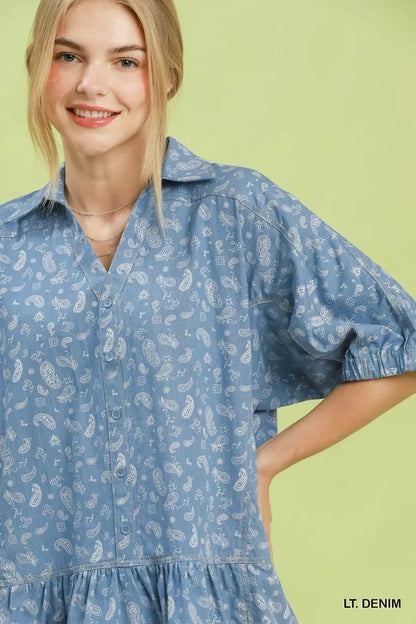 Umgee Paisley Print Chambray Top - Bitsy Gypsy Boutique