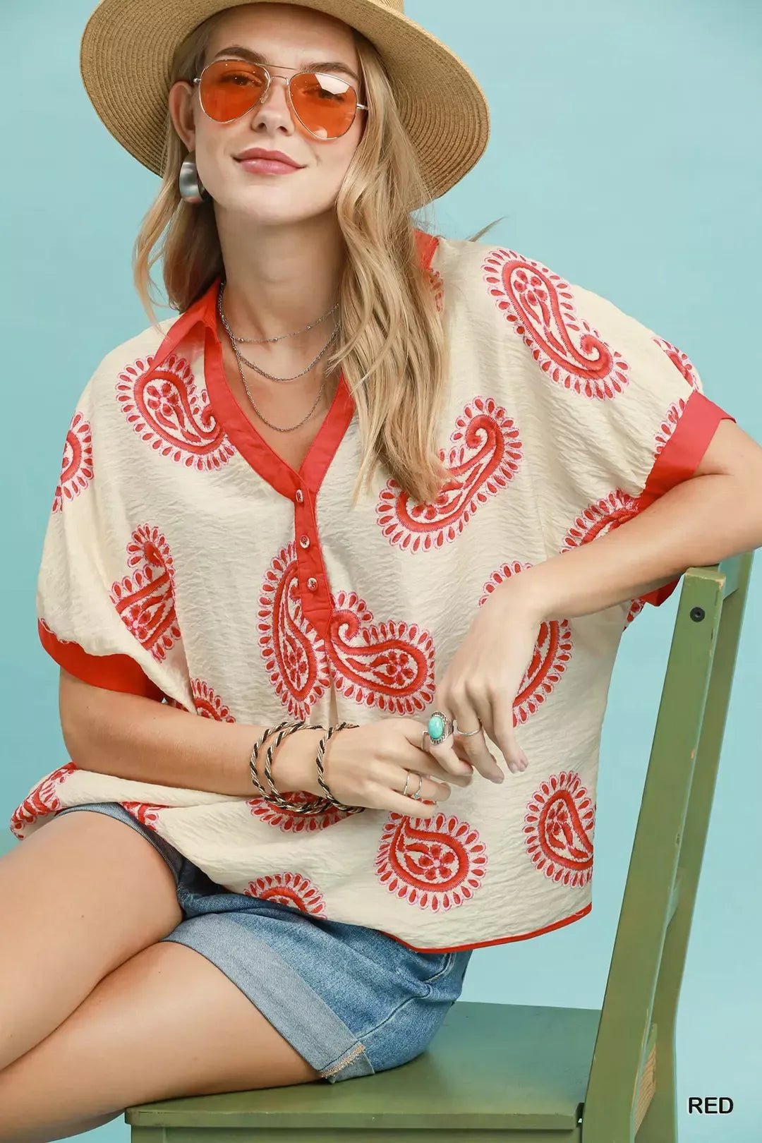 Umgee Paisley Print Contrast Trim Top - Bitsy Gypsy Boutique