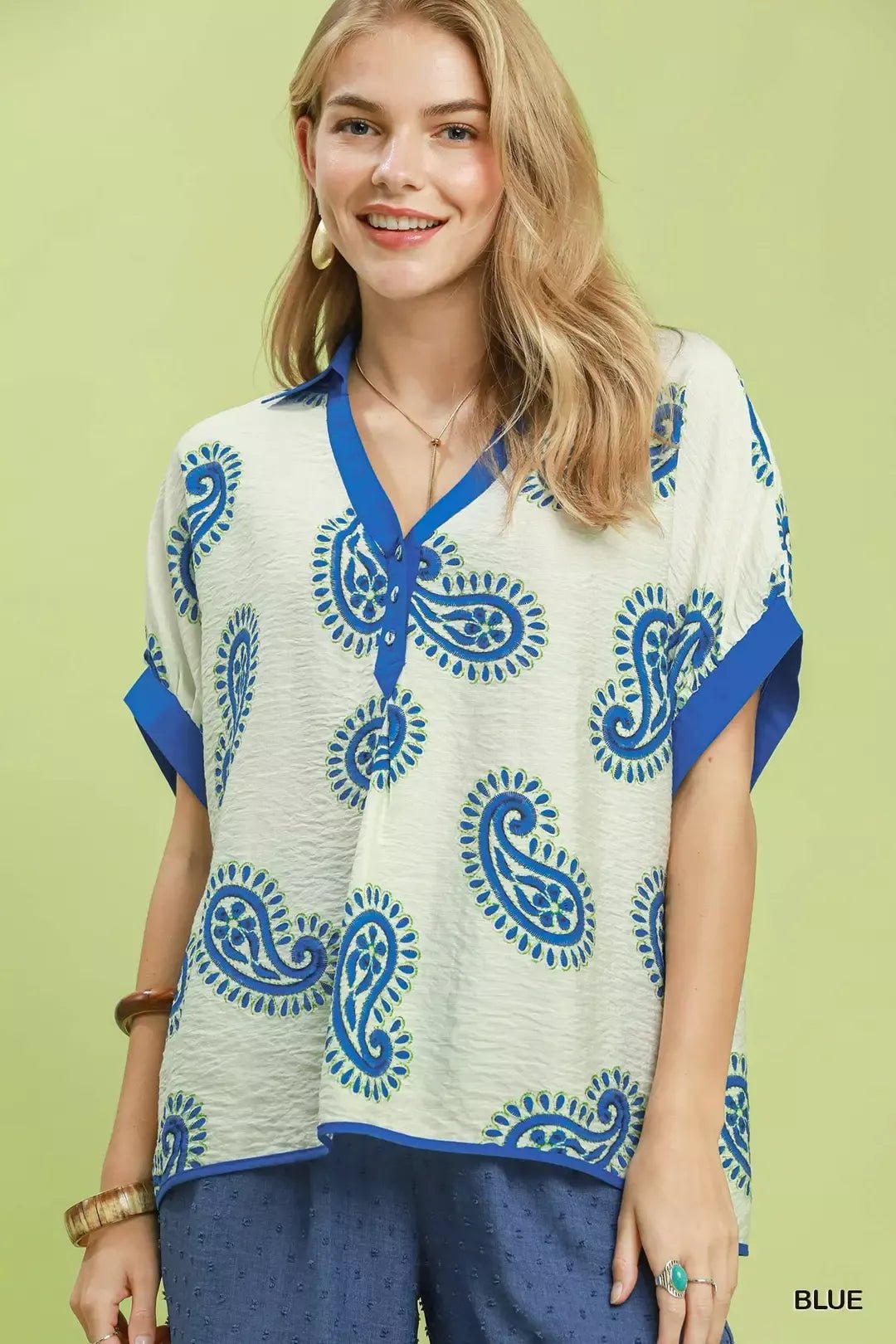 Umgee Paisley Print Contrast Trim Top - Bitsy Gypsy Boutique