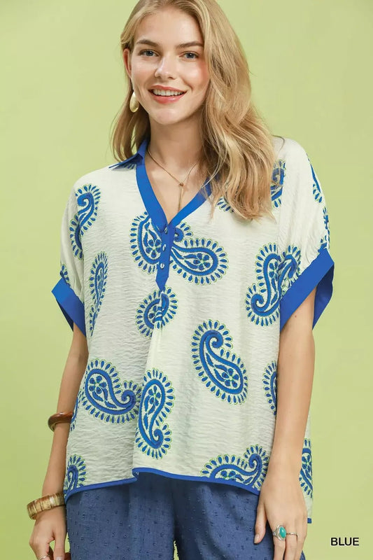 Umgee Paisley Print Contrast Trim Top - Bitsy Gypsy Boutique