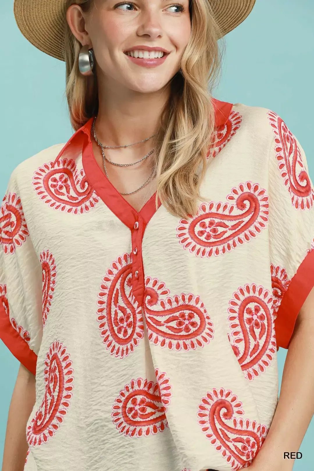 Umgee Paisley Print Contrast Trim Top - Bitsy Gypsy Boutique