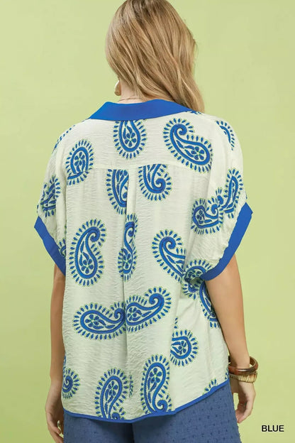 Umgee Paisley Print Contrast Trim Top - Bitsy Gypsy Boutique