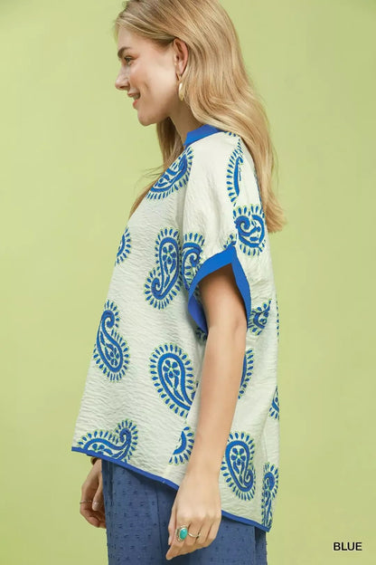 Umgee Paisley Print Contrast Trim Top - Bitsy Gypsy Boutique