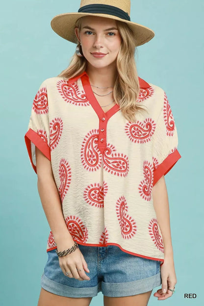 Umgee Paisley Print Contrast Trim Top - Bitsy Gypsy Boutique