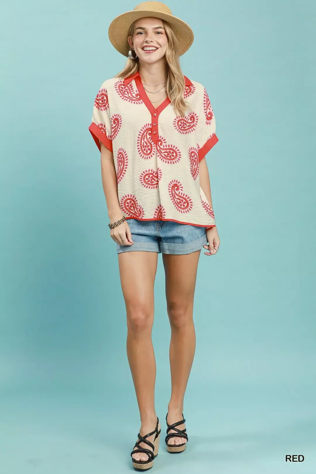 Umgee Paisley Print Contrast Trim Top - Bitsy Gypsy Boutique