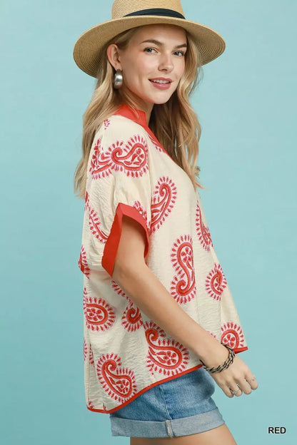 Umgee Paisley Print Contrast Trim Top - Bitsy Gypsy Boutique