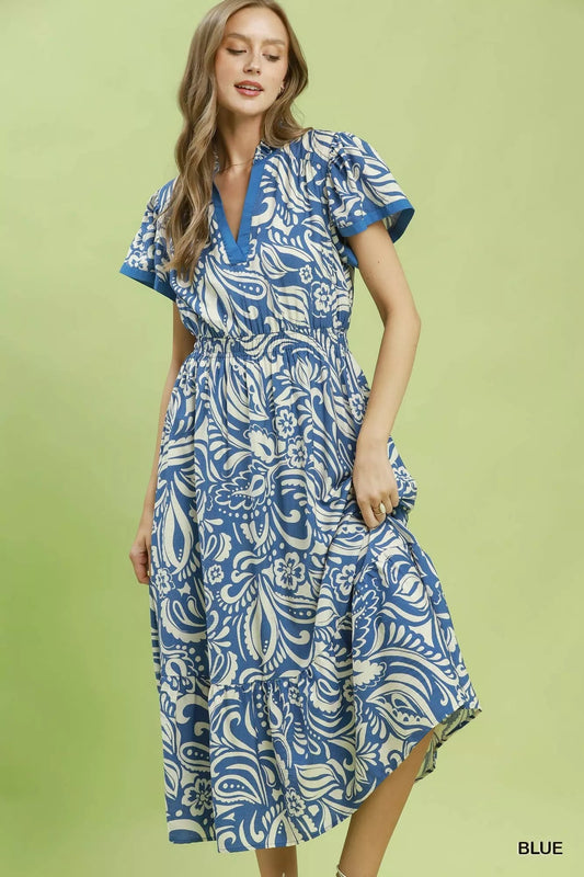 Umgee Paisley Print Midi Dress with Side Pockets - Bitsy Gypsy Boutique