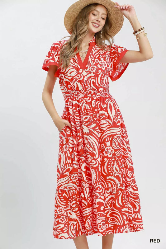Umgee Paisley Print Midi Dress with Side Pockets - Bitsy Gypsy Boutique