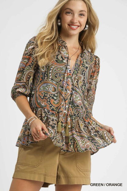 Umgee Paisley Print Peplum Blouse - Bitsy Gypsy Boutique