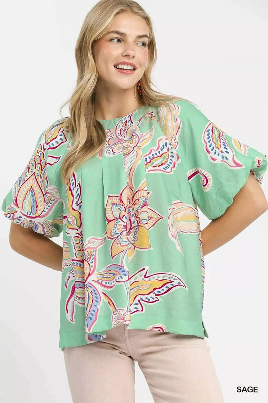 Umgee Paisley Print Puff Sleeve Top - Bitsy Gypsy Boutique
