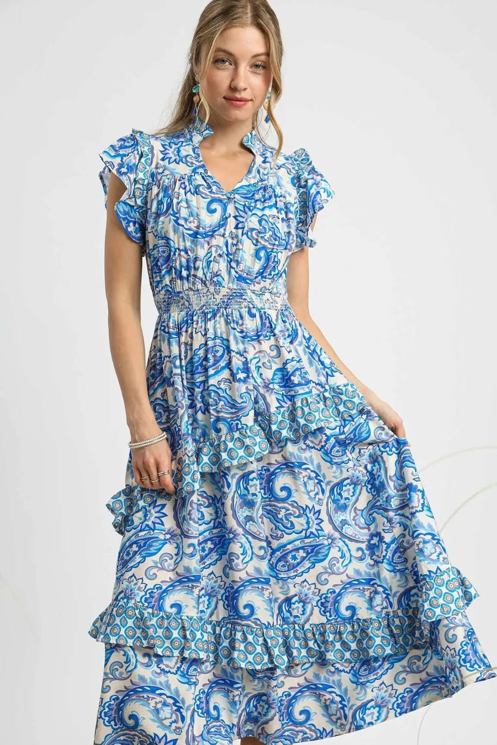 Umgee Paisley Print Ruffle Sleeve Midi Dress - Bitsy Gypsy Boutique