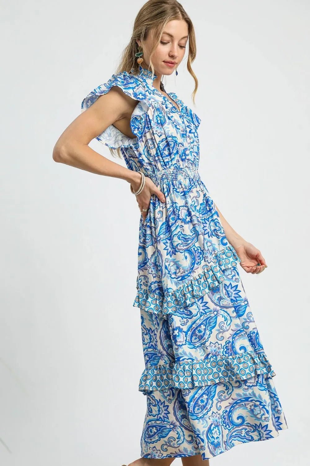 Umgee Paisley Print Ruffle Sleeve Midi Dress - Bitsy Gypsy Boutique