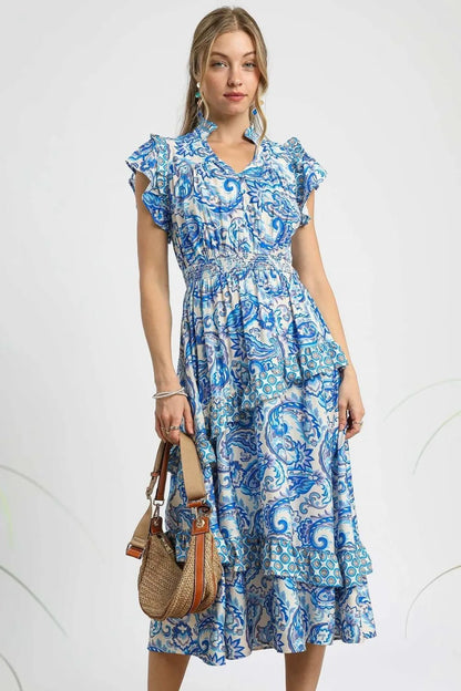 Umgee Paisley Print Ruffle Sleeve Midi Dress - Bitsy Gypsy Boutique