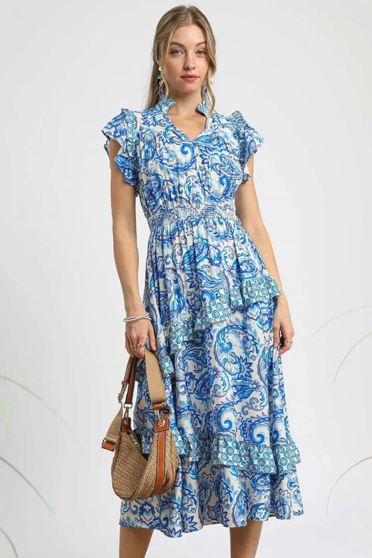 Umgee Paisley Print Ruffle Sleeve Midi Dress - Bitsy Gypsy Boutique