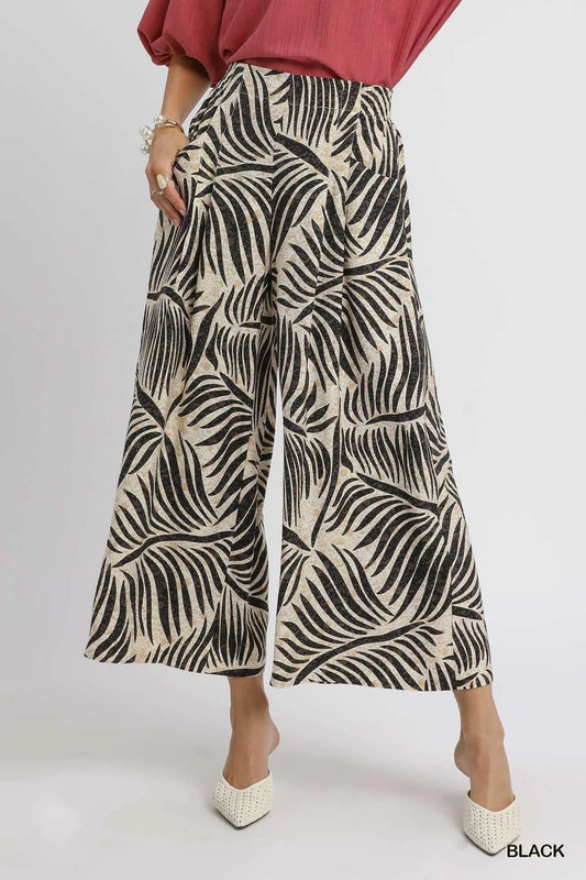 Umgee Palm Leaf Print Wide Leg Culotte Pants - Bitsy Gypsy Boutique