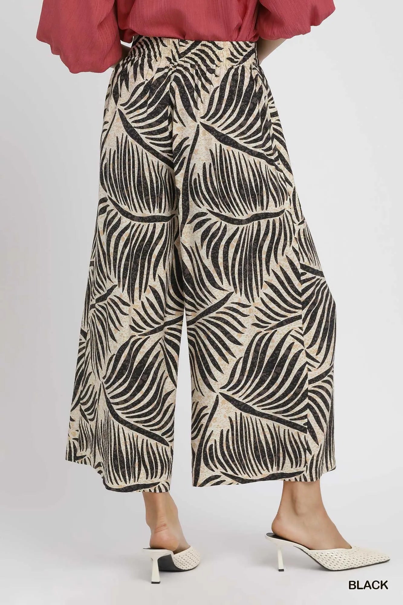 Umgee Palm Leaf Print Wide Leg Culotte Pants - Bitsy Gypsy Boutique