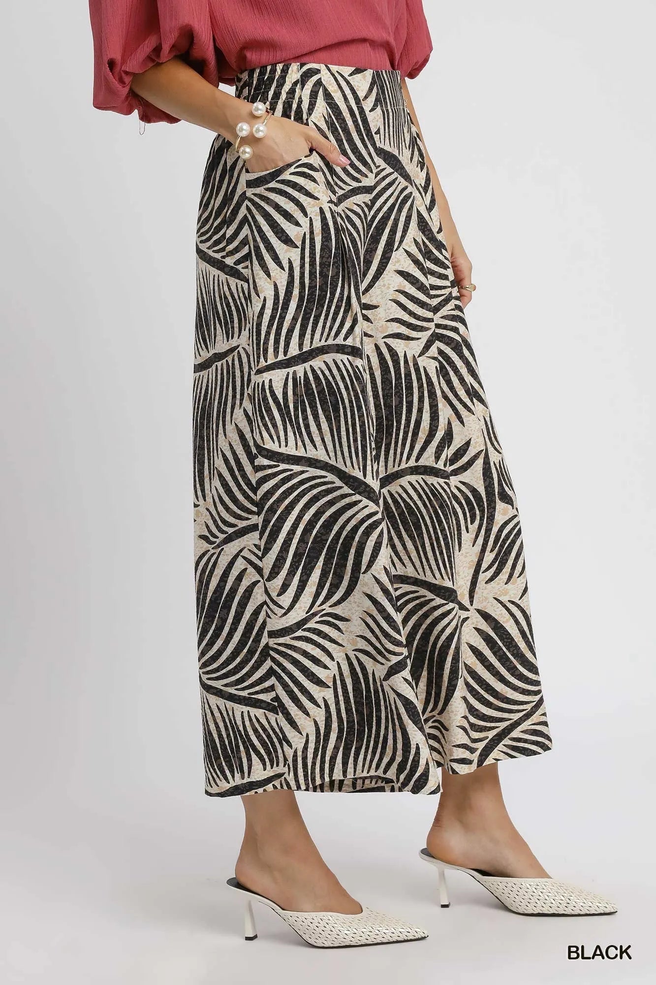 Umgee Palm Leaf Print Wide Leg Culotte Pants - Bitsy Gypsy Boutique