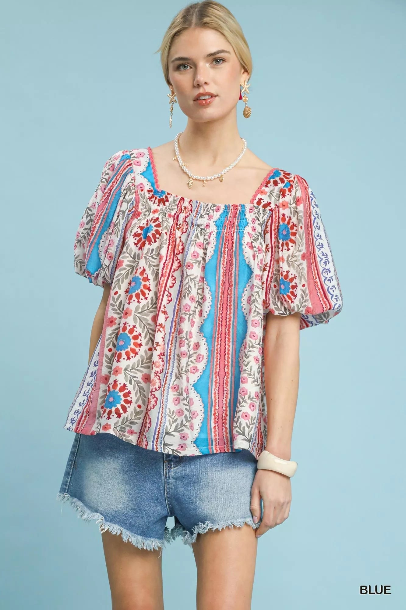 Umgee Patchwork Puff Sleeve Smocked Blouse - Bitsy Gypsy Boutique
