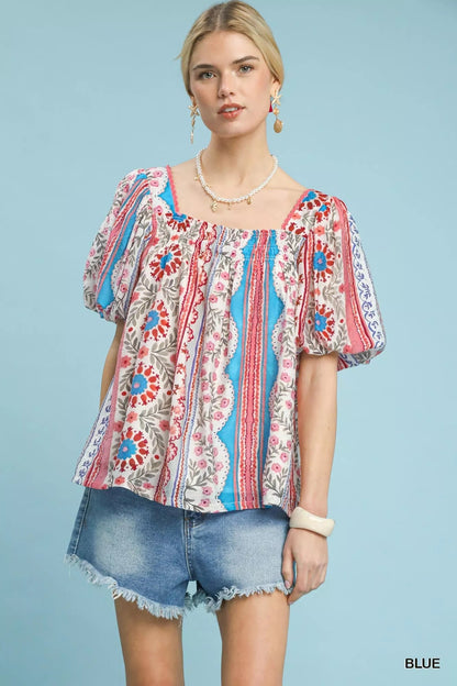 Umgee Patchwork Puff Sleeve Smocked Blouse - Bitsy Gypsy Boutique