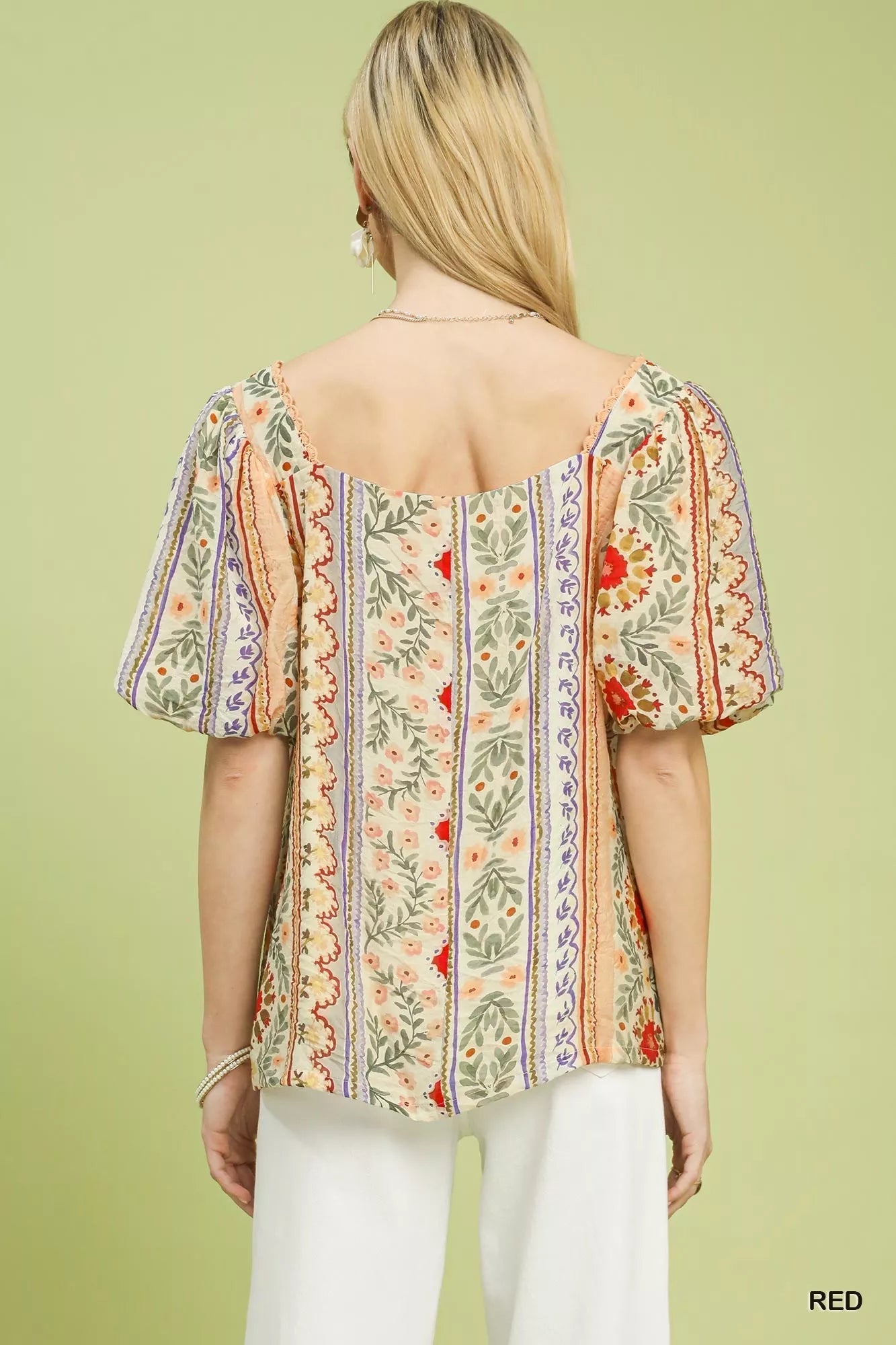 Umgee Patchwork Puff Sleeve Smocked Blouse - Bitsy Gypsy Boutique