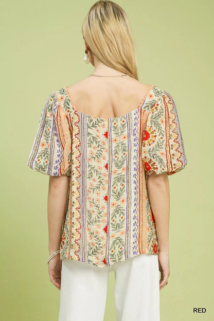 Umgee Patchwork Puff Sleeve Smocked Blouse - Bitsy Gypsy Boutique