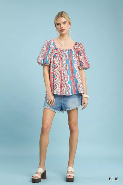 Umgee Patchwork Puff Sleeve Smocked Blouse - Bitsy Gypsy Boutique