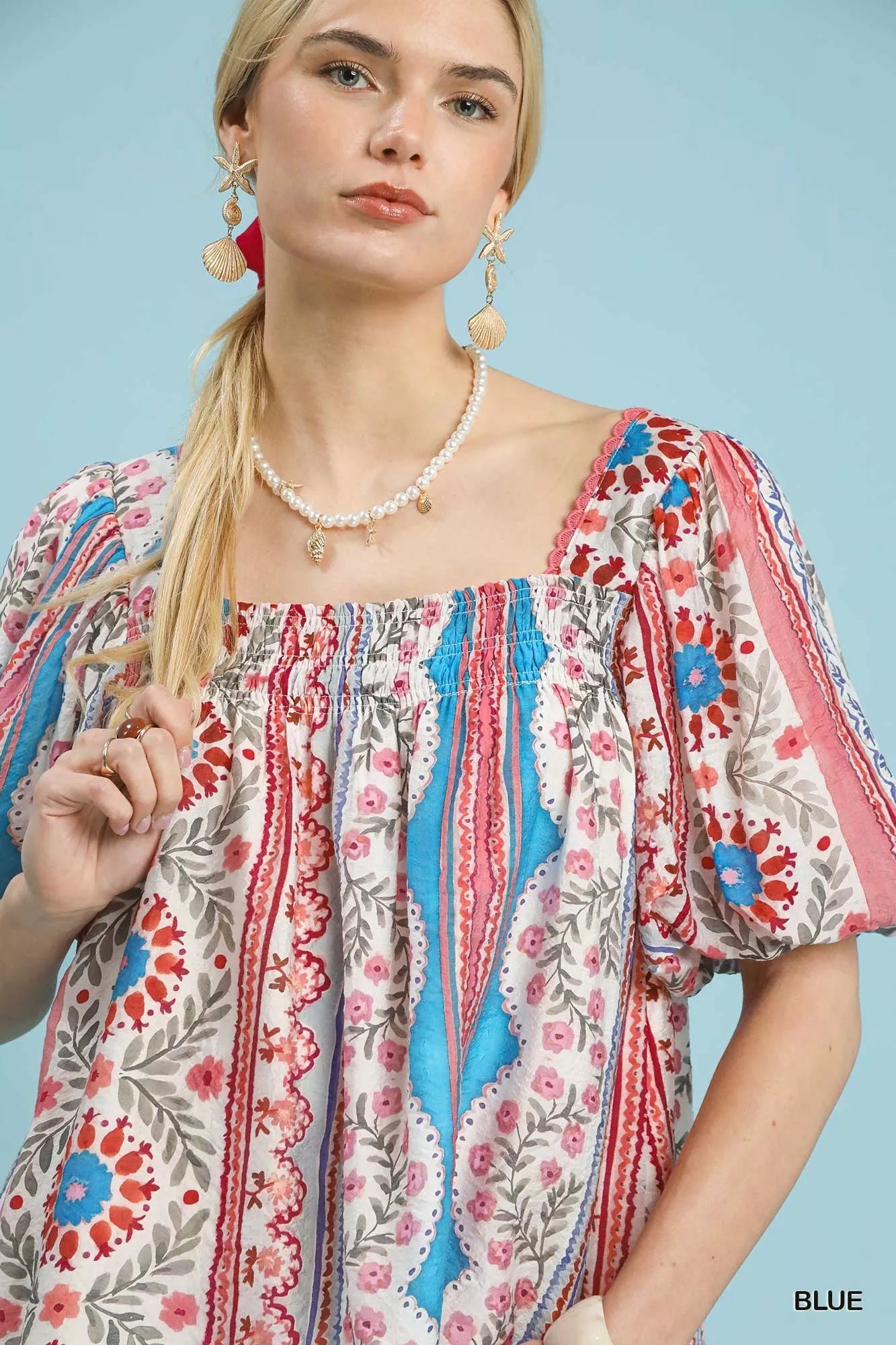 Umgee Patchwork Puff Sleeve Smocked Blouse - Bitsy Gypsy Boutique