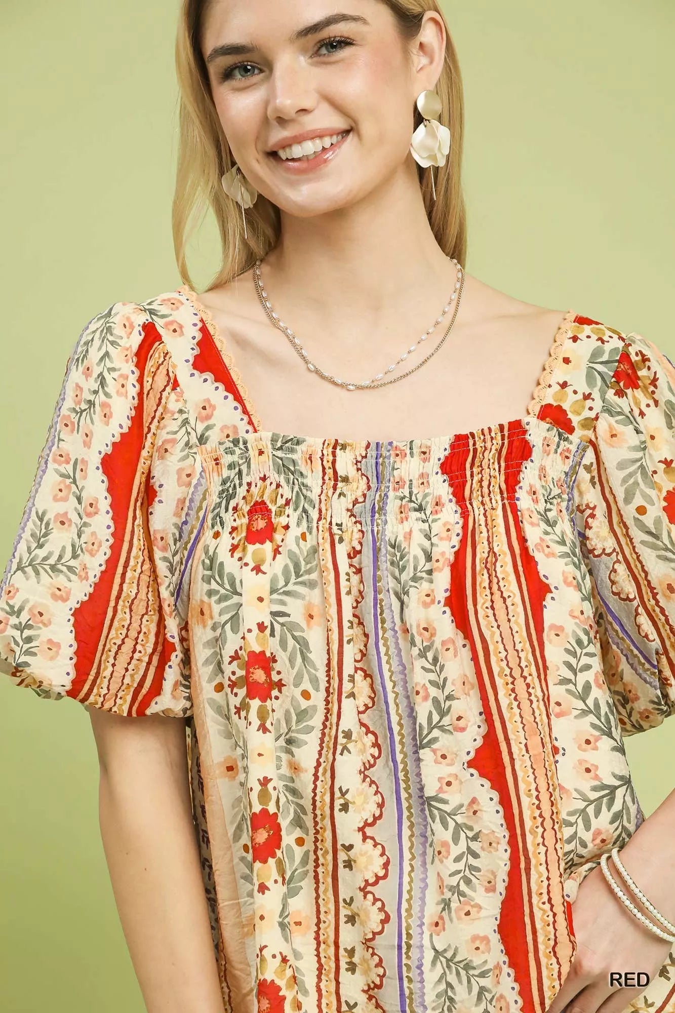 Umgee Patchwork Puff Sleeve Smocked Blouse - Bitsy Gypsy Boutique