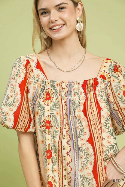Umgee Patchwork Puff Sleeve Smocked Blouse - Bitsy Gypsy Boutique