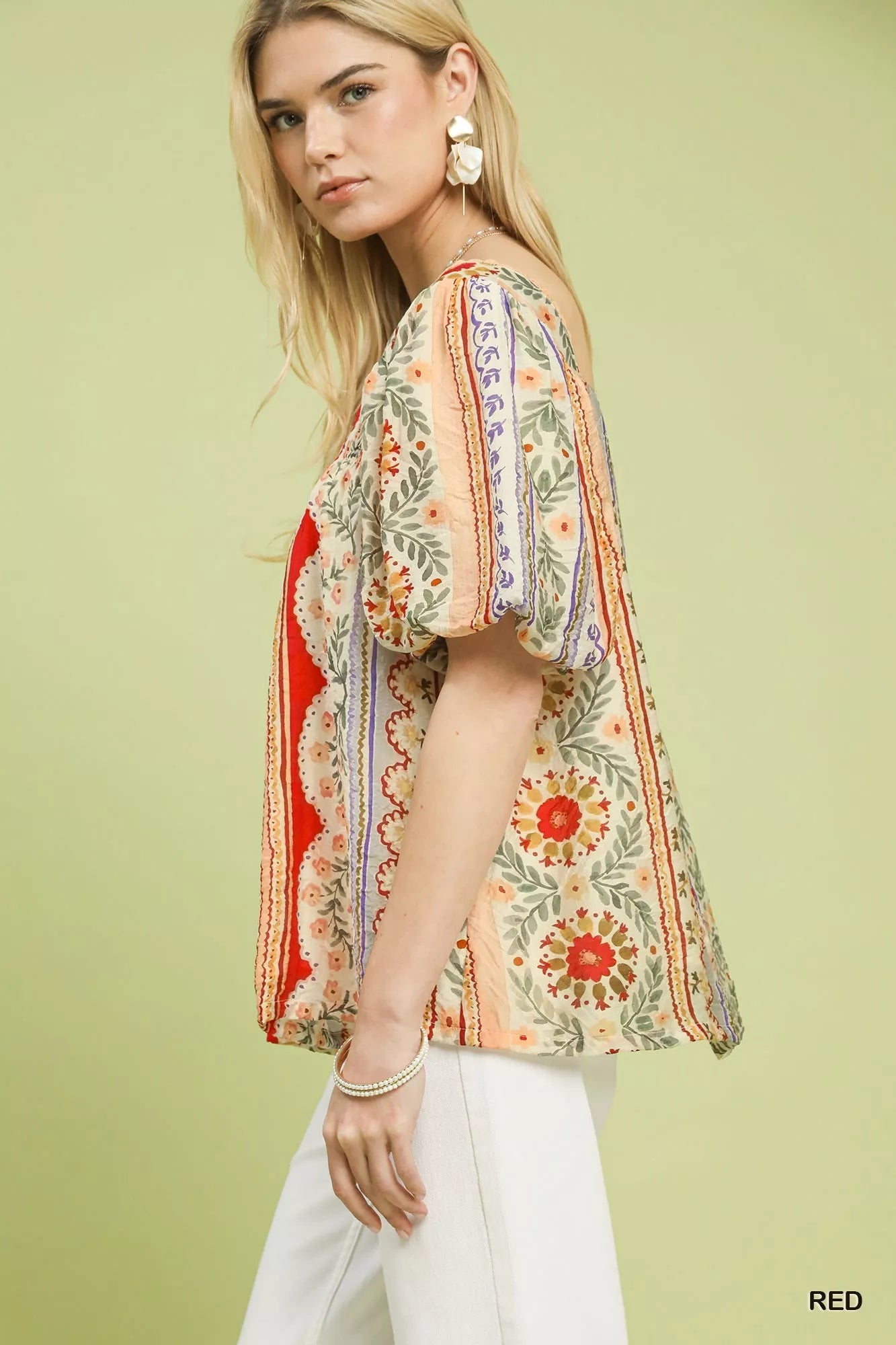 Umgee Patchwork Puff Sleeve Smocked Blouse - Bitsy Gypsy Boutique