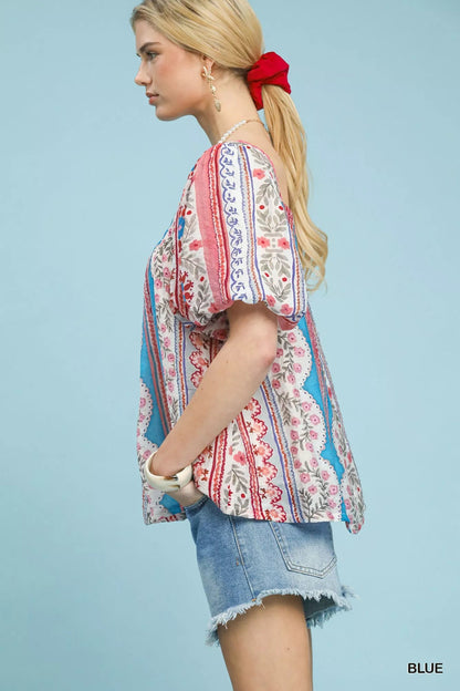 Umgee Patchwork Puff Sleeve Smocked Blouse - Bitsy Gypsy Boutique
